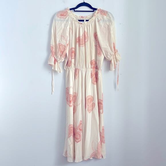 Reiss Peaches floral Bardot off the shoulder floral puff sleeve midi dress sz 6 - Picture 1 of 8